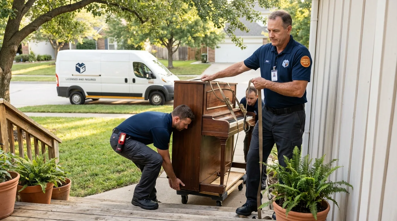 Licensed piano movers securing grand piano in Cheyenne Wells, CO