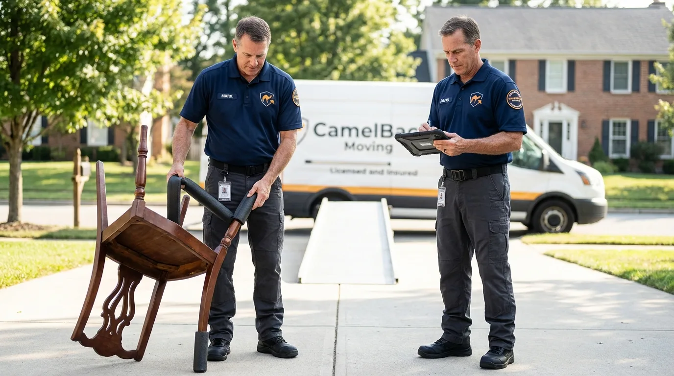 Movers inspecting furniture for damage prevention before loading in Cheyenne Wells, CO