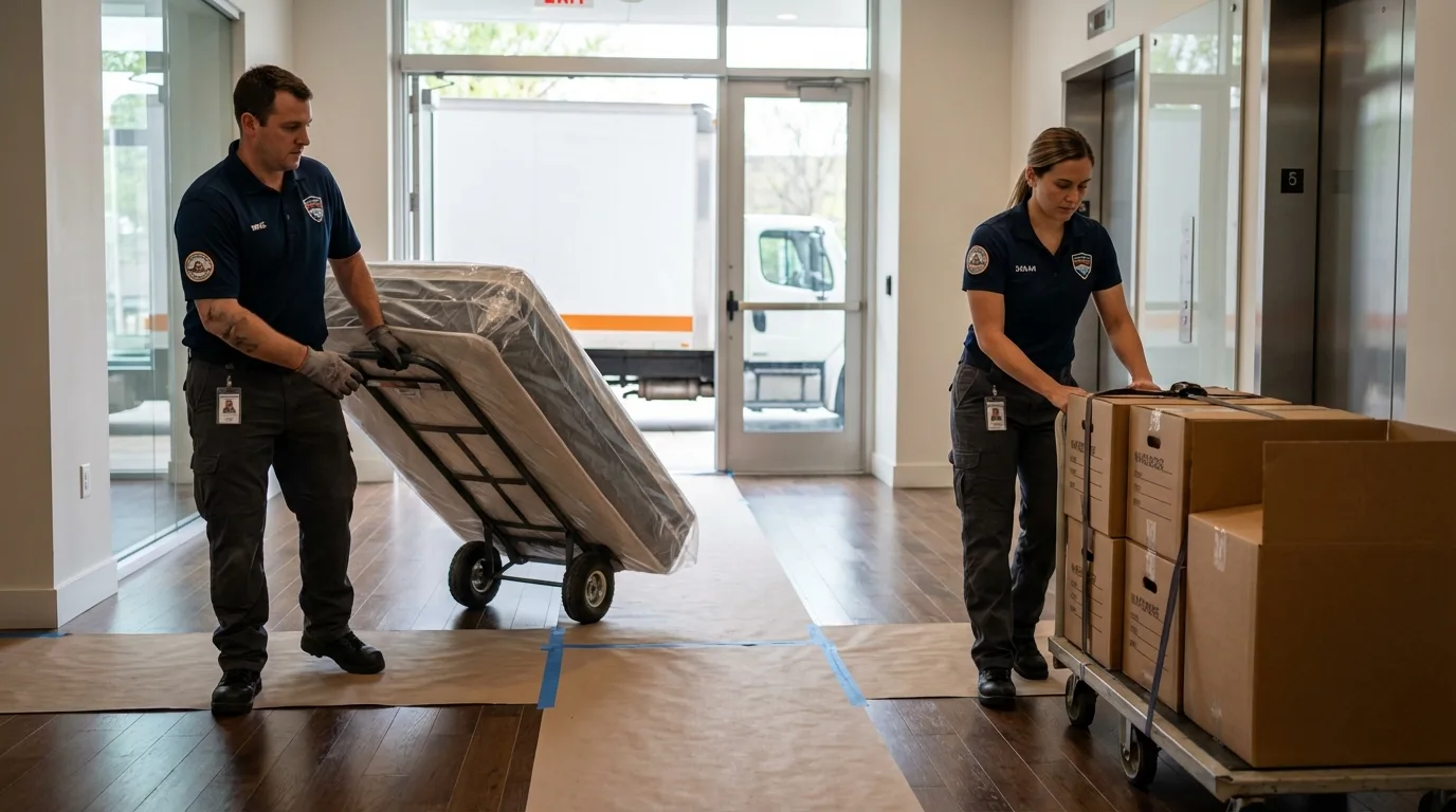 Professional apartment movers loading elevator in Cheyenne Wells, CO