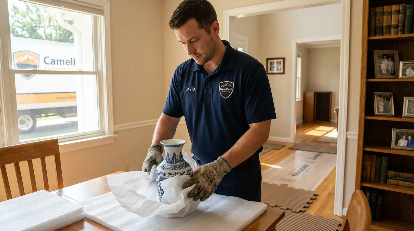 Professional crew carefully wrapping antique vase for senior downsizing move in Cheyenne Wells, CO